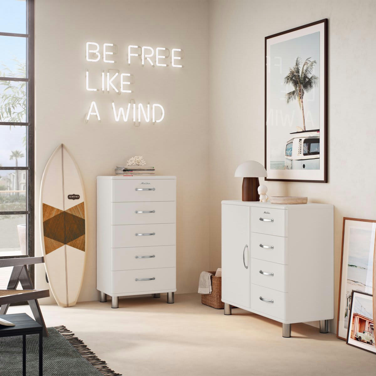 MALIBU - Commode 5 tiroirs style rétro beige