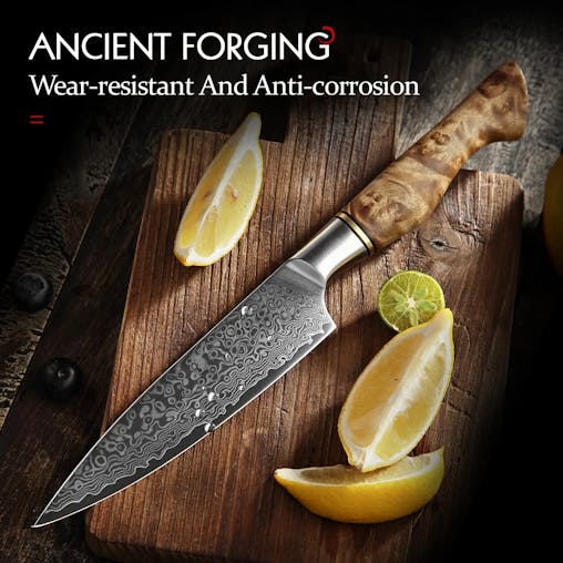 NNEOBA 5-Inch Damascus Utility Knife 67-Layer Super Steel Brown