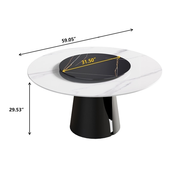 59" Round Slate Dining Table, White Marble Top with Black Metal Pedestal