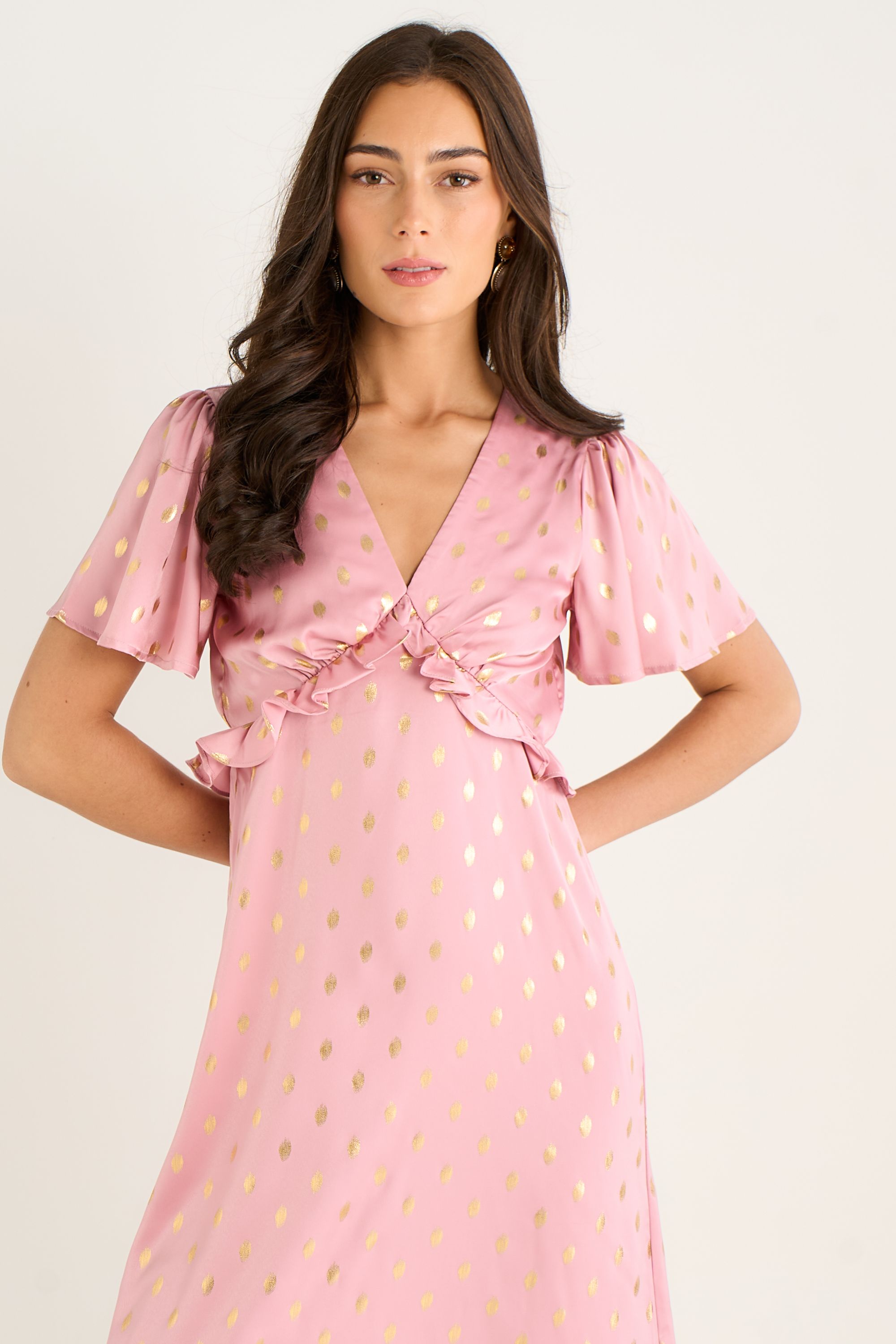 Gini London Blush Metallic Foil V Neck Midi Dress
