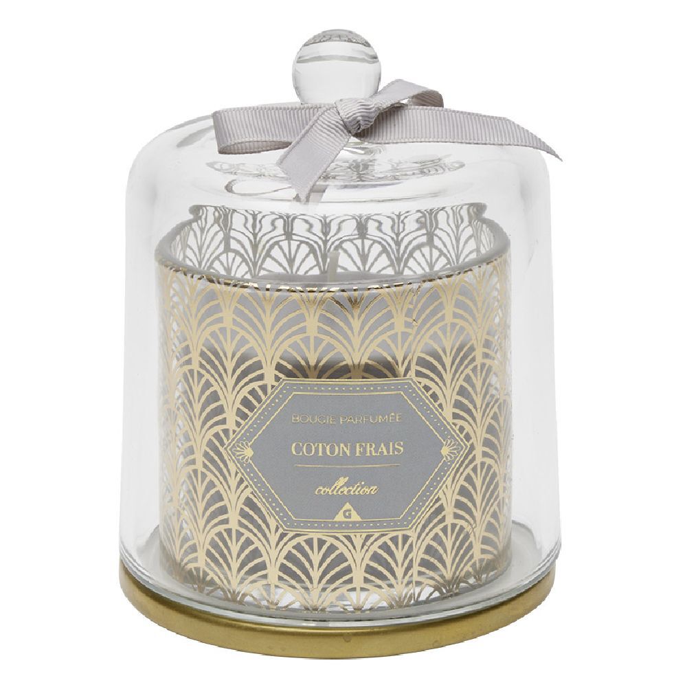 Bougie parfumée grise sous cloche transparent doré