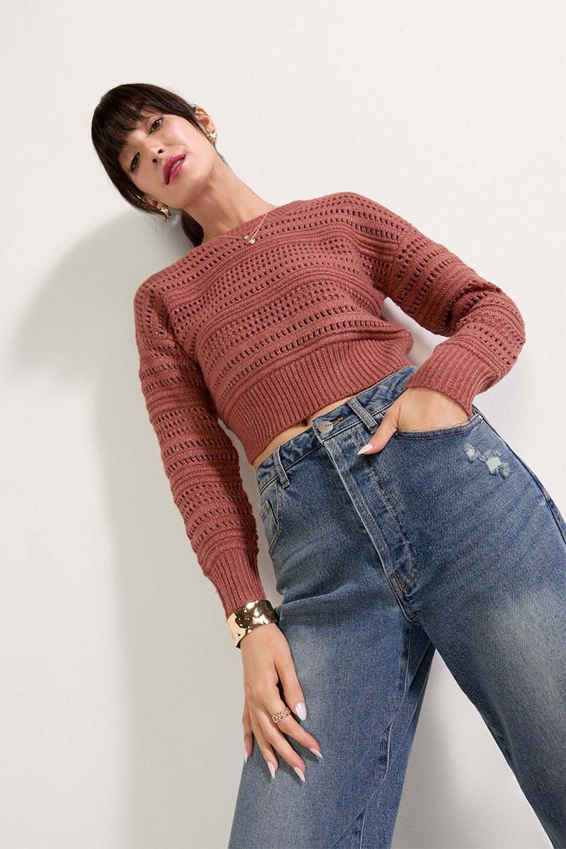 Clarissa Crewneck Pointelle Crop Pullover Rust