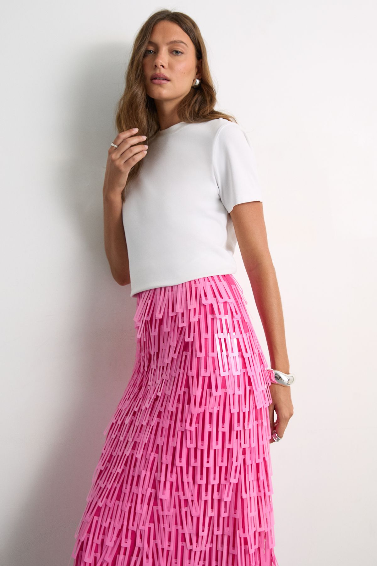 Warehouse Fringe Cut Out Sequin Tiered Midi Skirt