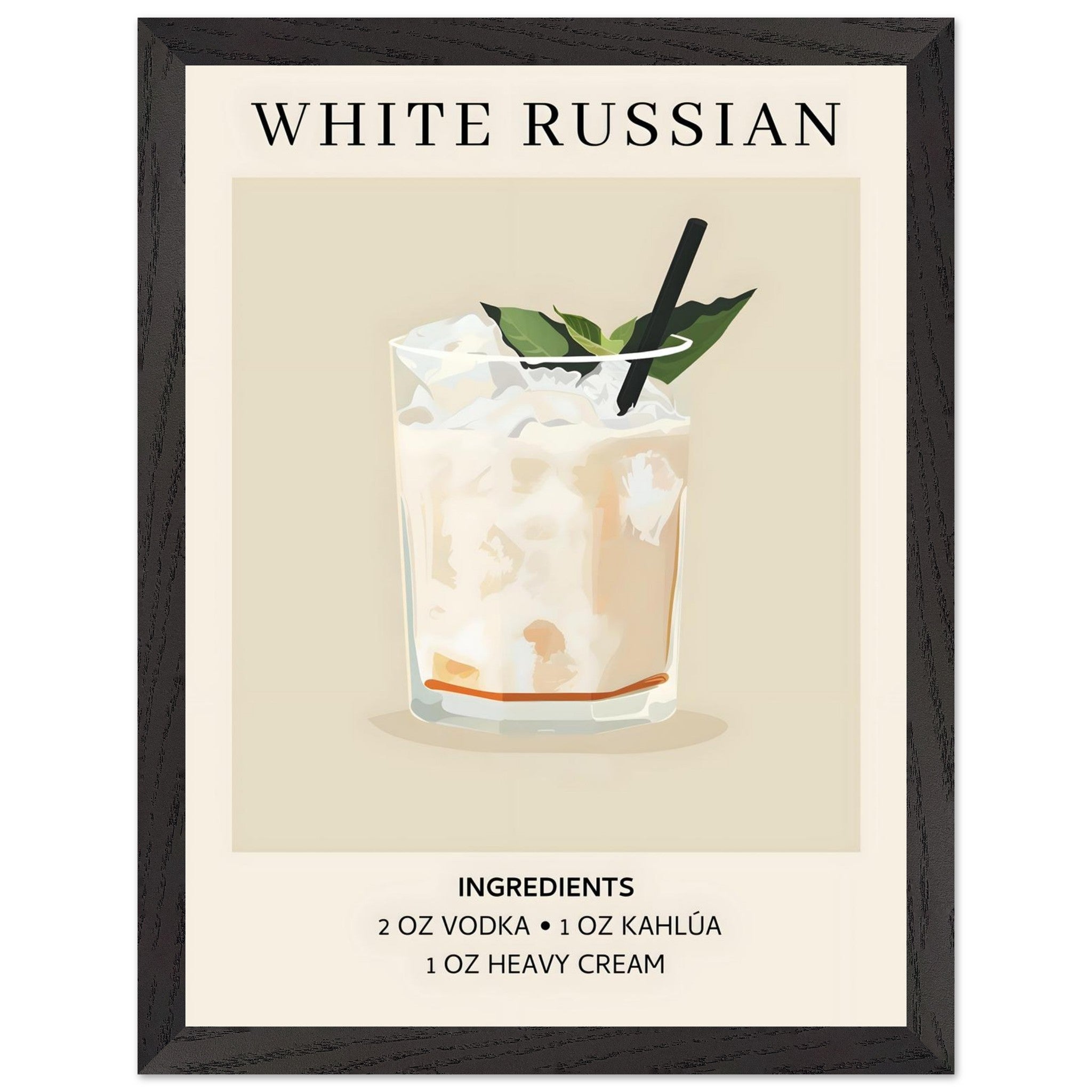 Artfulprints Poster met Lijst White Russian cocktail - Ingrediënten  - 30x40 cm - Wit