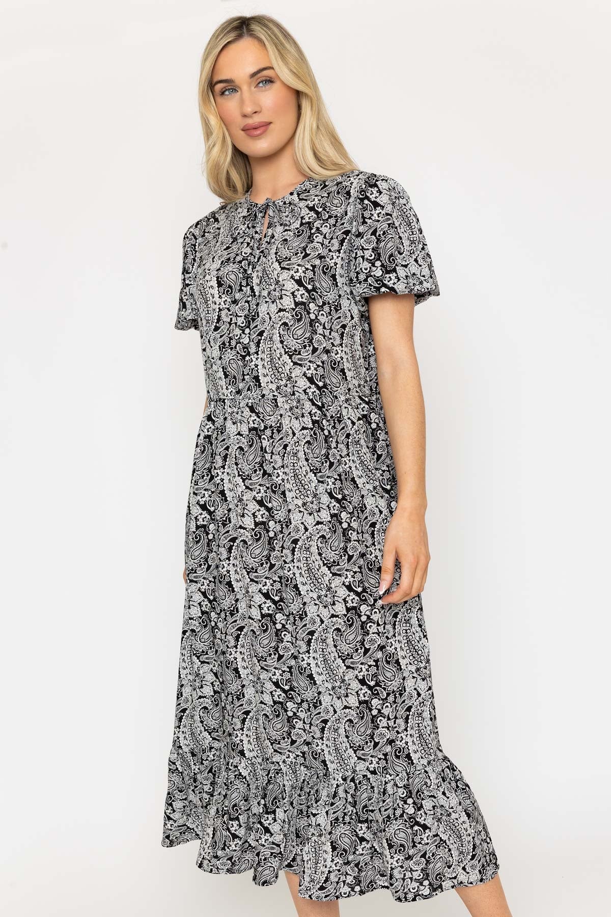 Black Paisley Midi Dress with Tie Neck