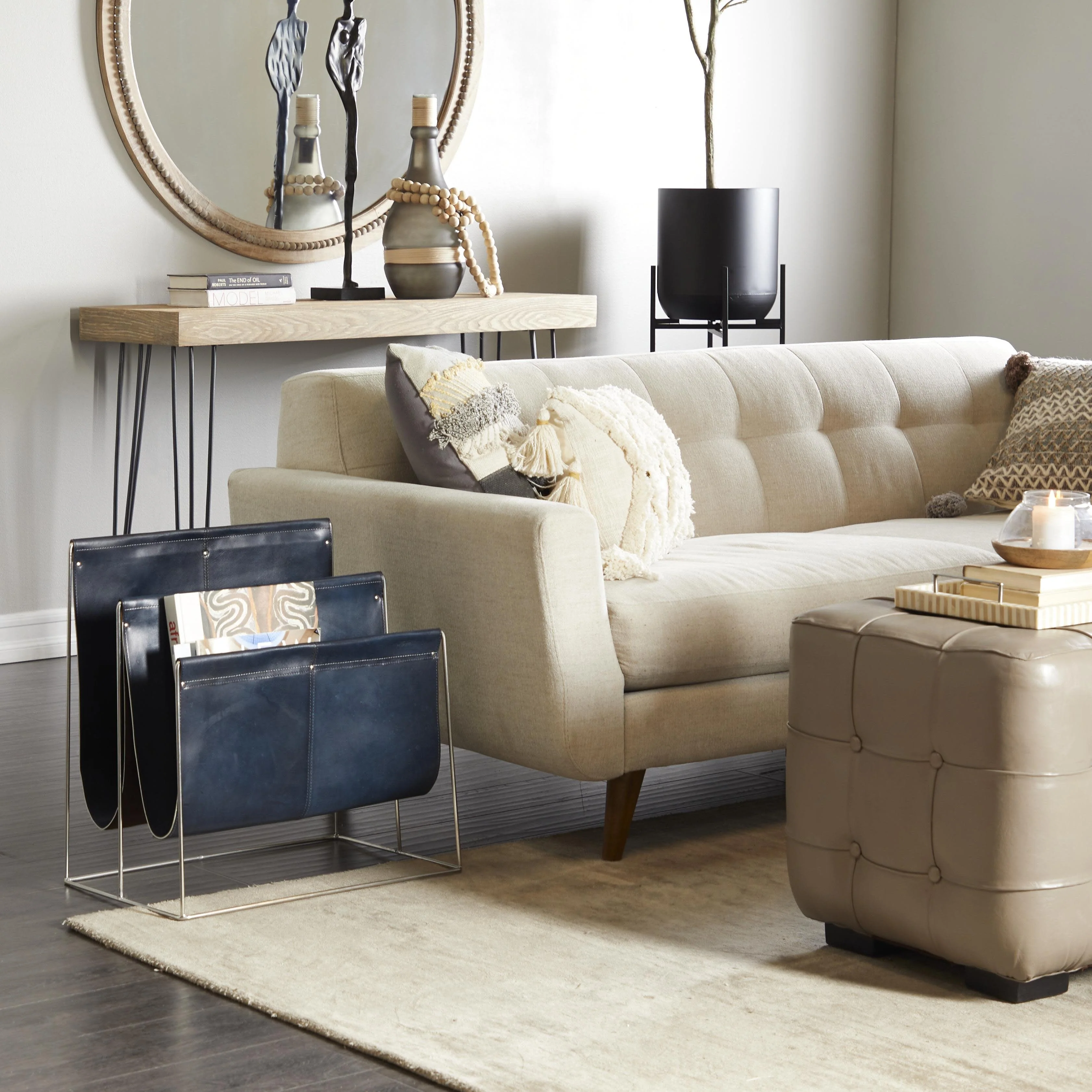 Leather 3 Slot Magazine Holder with Metal Stand - Dark Blue or Brown - Roche River Decor