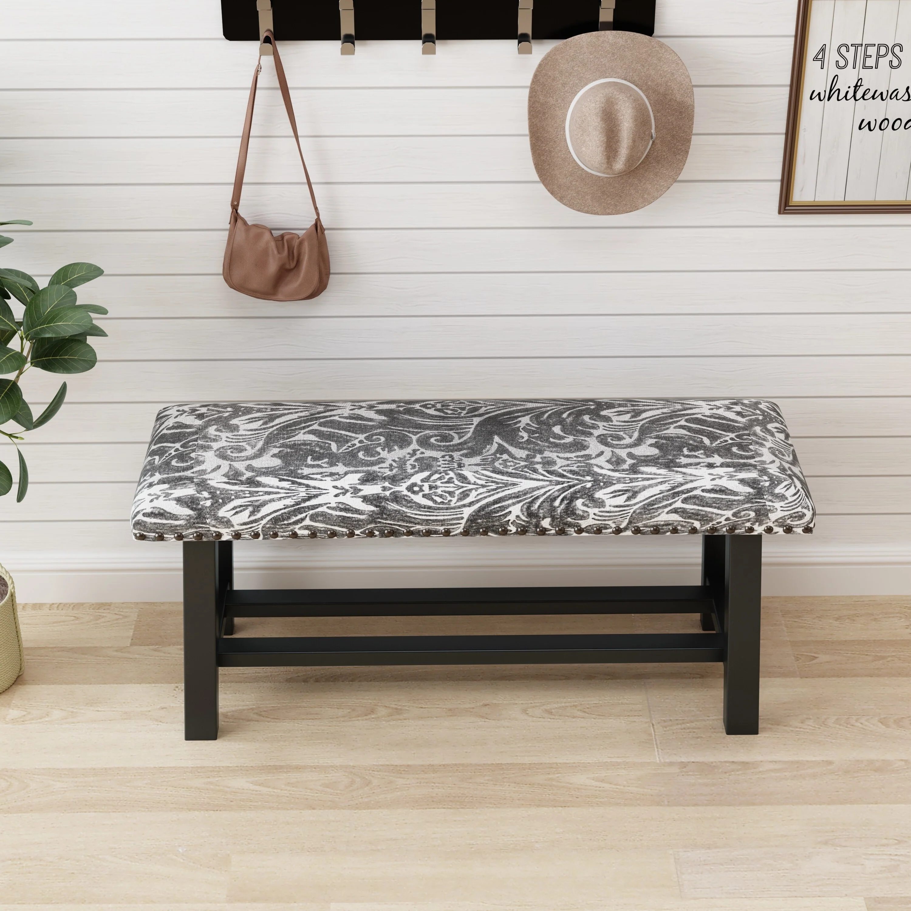 39 Vintage,Linen with Upholstered Bench Seat,Rustic Wood Legs for Bedroom,Living Room,Grey