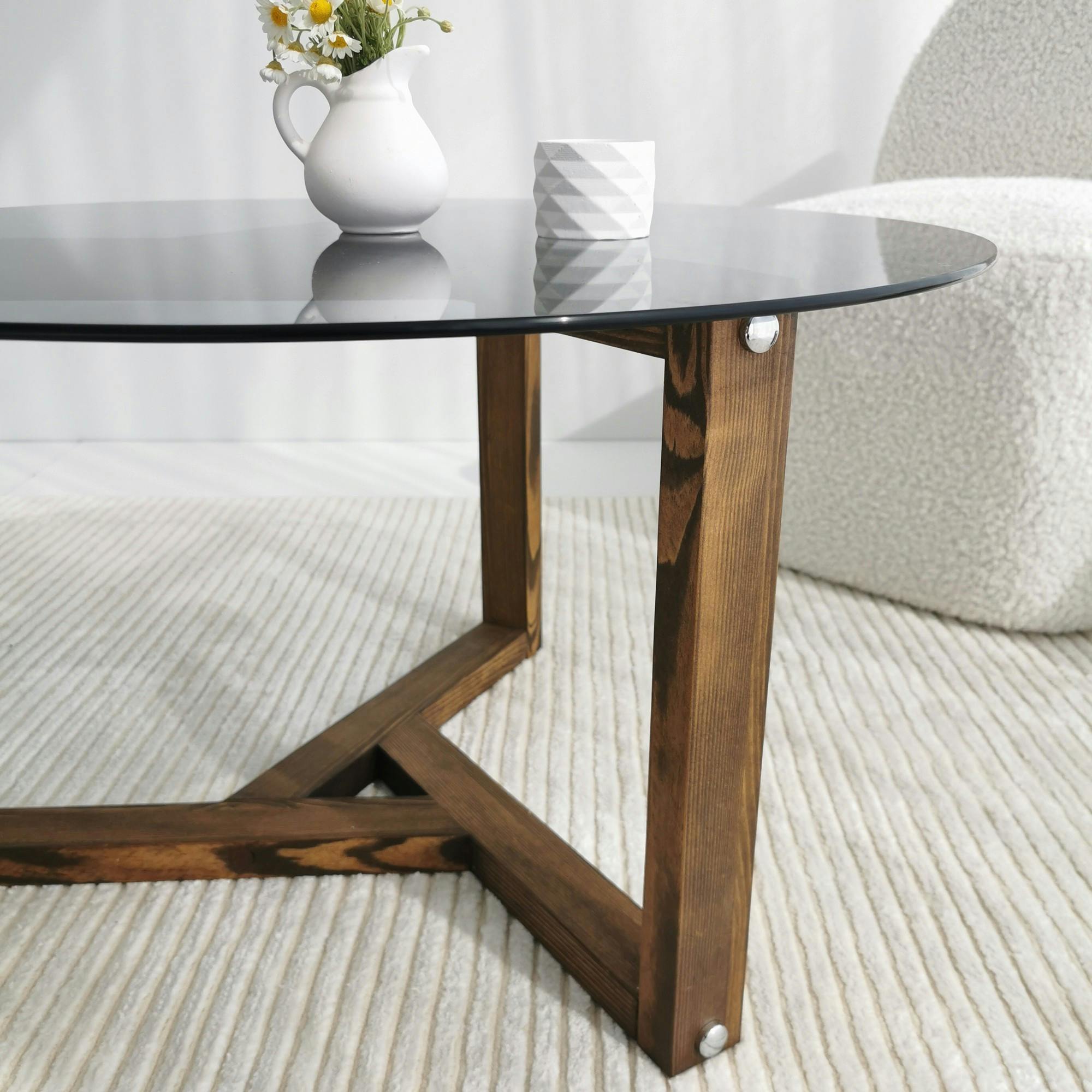 Table basse verre fumé - pied 3 branches, bois foncé ANZIO
