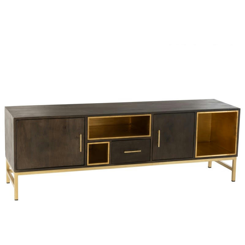 JANIS - Buffet 2 portes 1 tiroir en bois de manguier marron et métal or