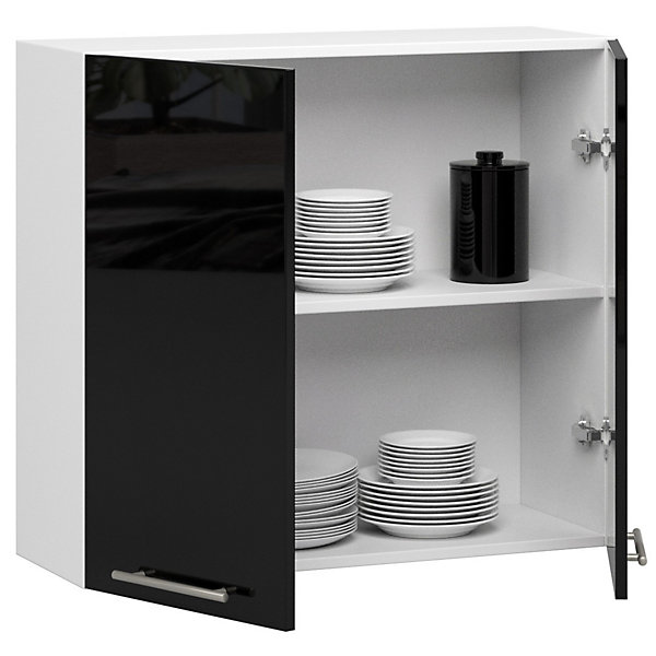 Meuble de cuisine suspendue : 2 portes, 2 étagères, blanc / noir brillant, 80 x 72 x 30 cm