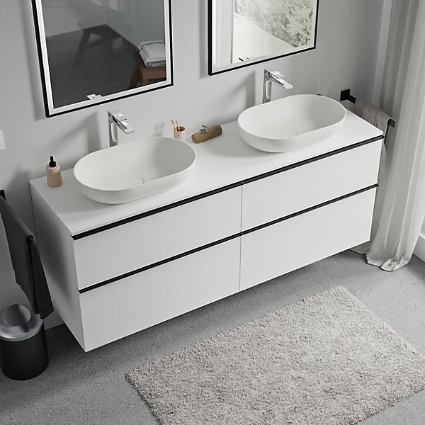Meuble sous vasque suspendu MDF Blanc mat, plan vasque Blanc mat, poignée Noir mat - 160x46x62cm - LAVOA