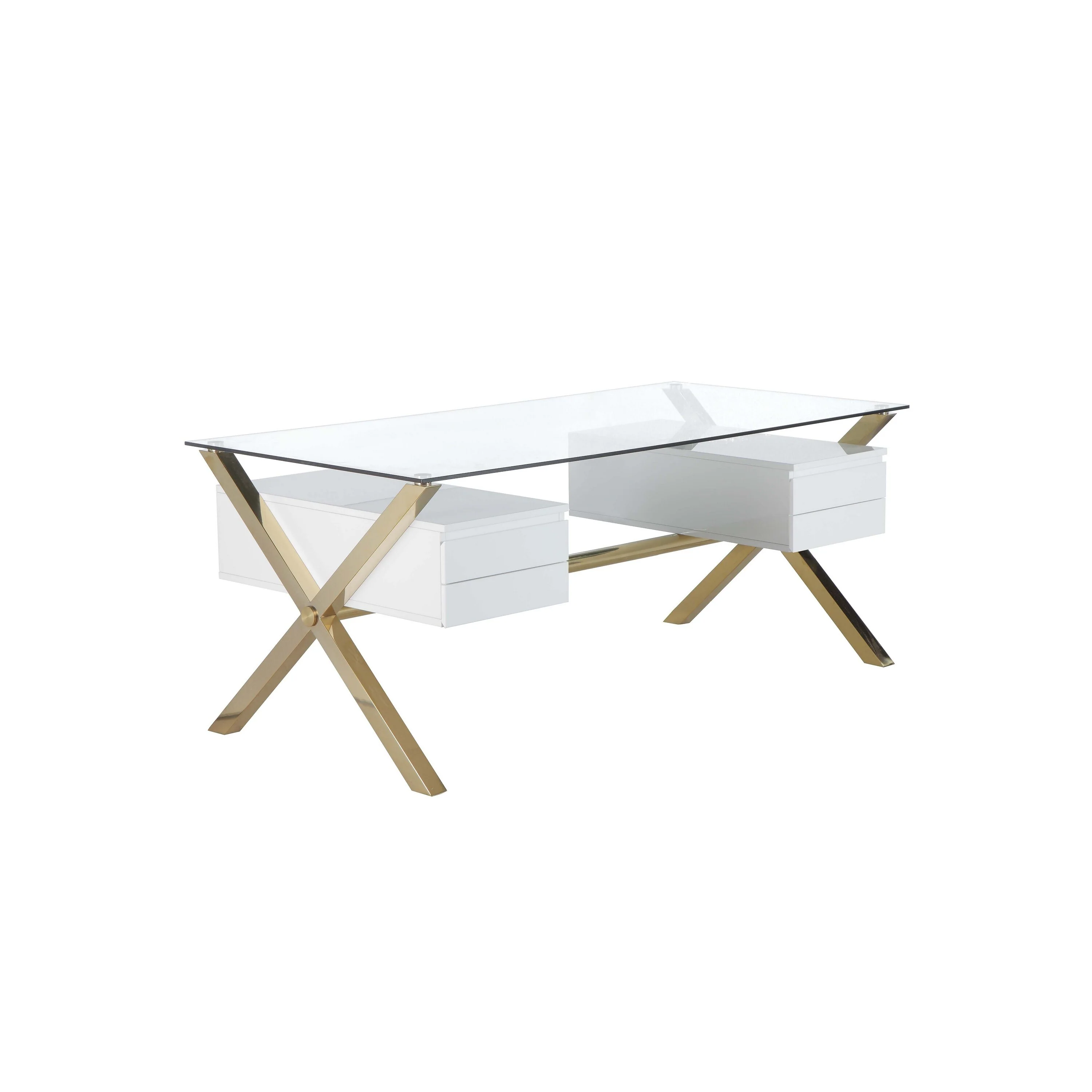 Tia Office Desk, 71 Inch Rectangular Glass, 4 Drawers, White, Gold