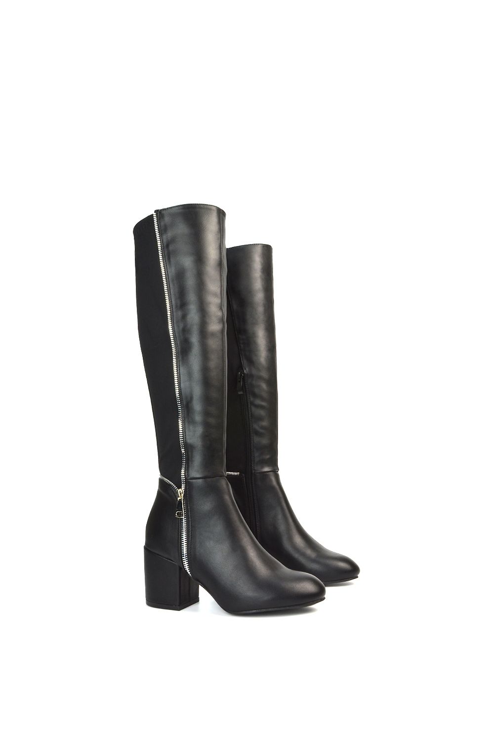 XY London Ronald' Silver Zip Up Knee High Boots With Mid Block Heel
