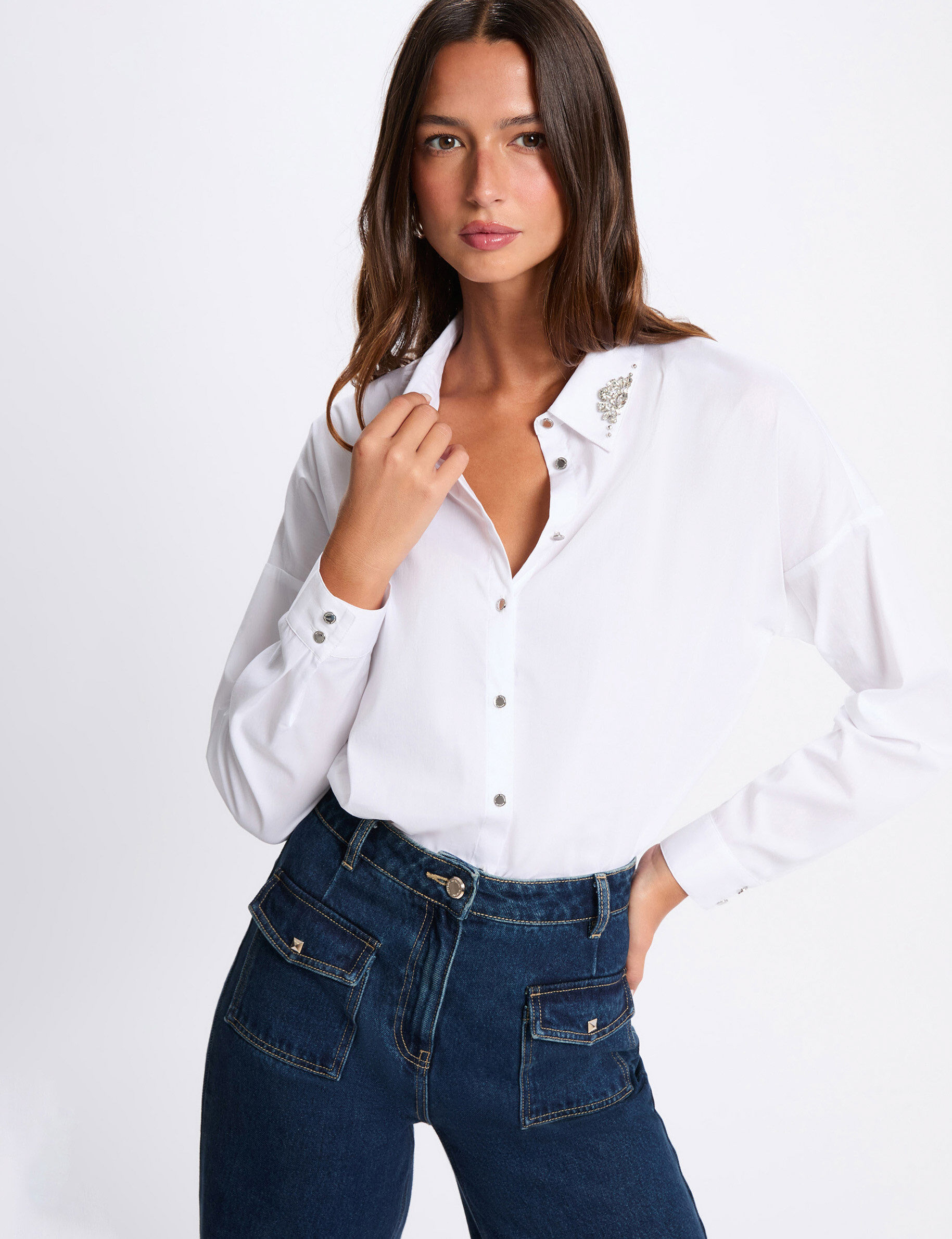 Oversized Shirt With Rhinestones White Women