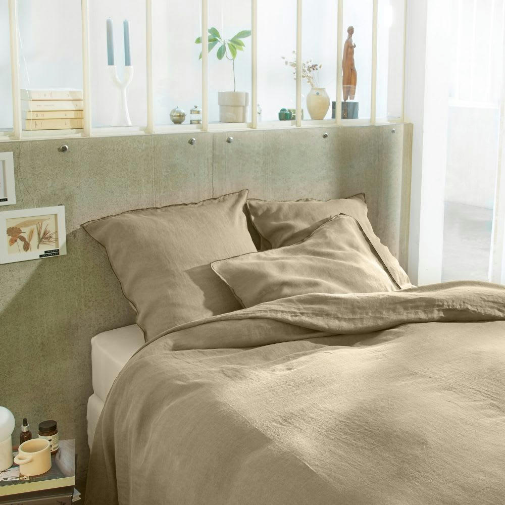 - Parure de lit 2 places en lin français lavé beige 220x240 cm