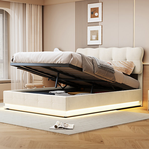 Lit coffre à vérin hydraulique avec LED, 140x190cm, velours beige, tête de lit design moderne, éclairage multicolore télécommandé