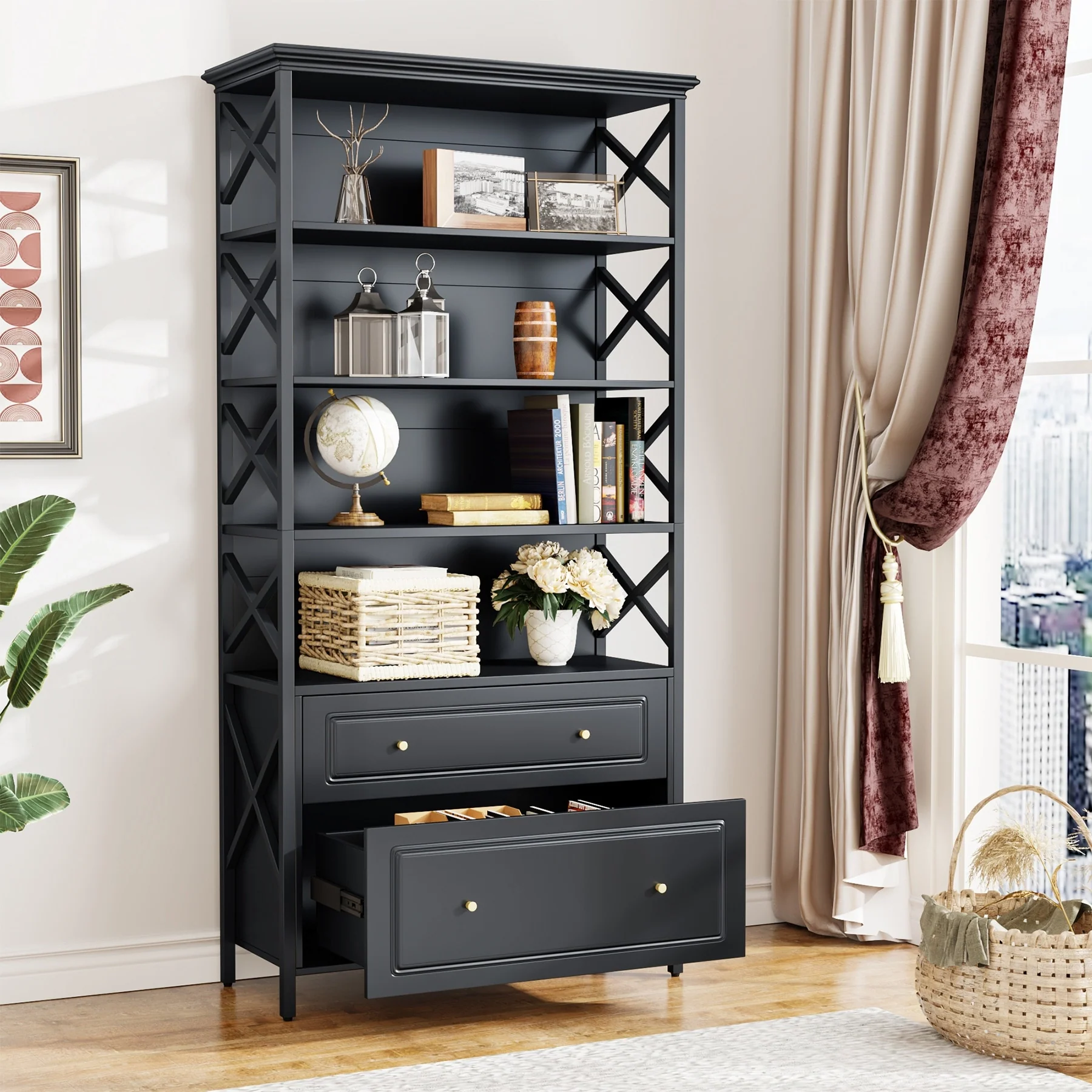 Tall Narrow Bookshelf with 2 Drawers 5 Tier Bookcase Book Shelf Organizer with Open Storage Shelves for Living Room Bedroom