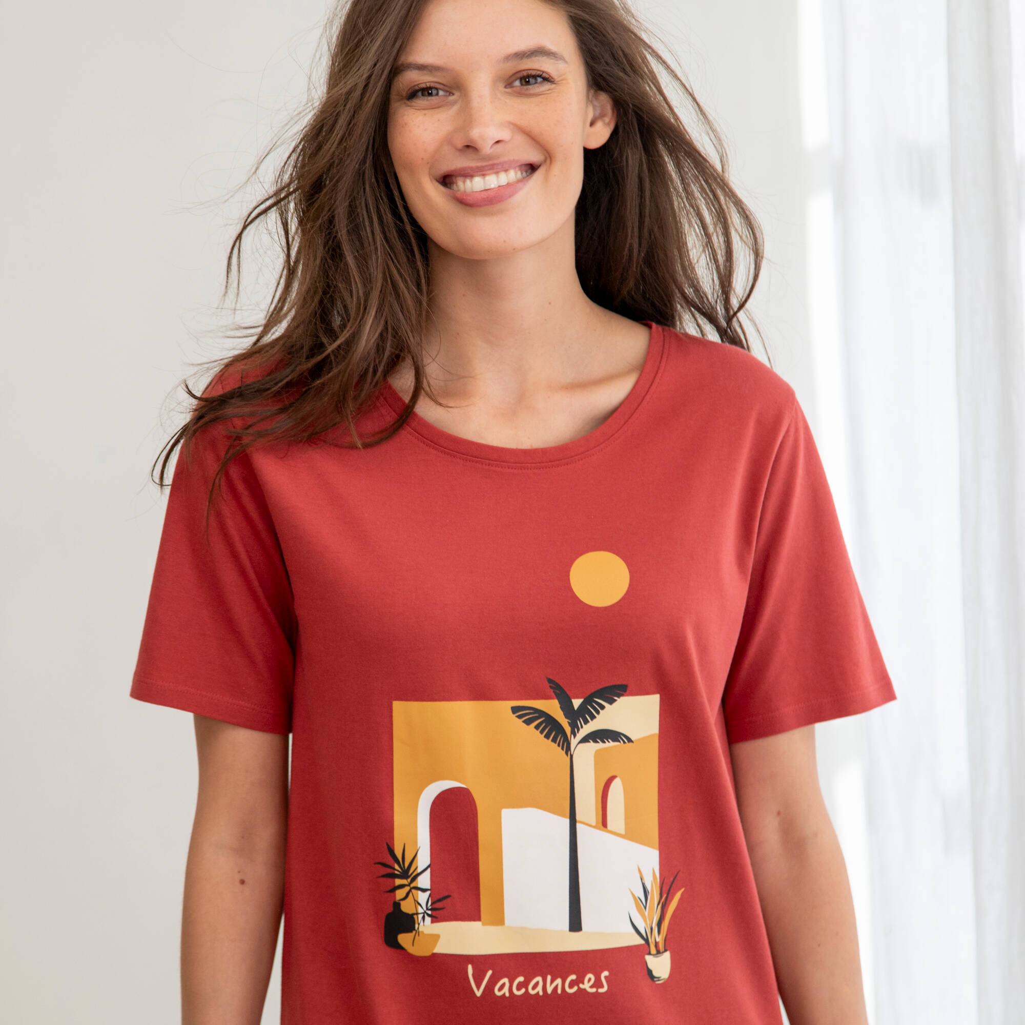 Chemise de nuit courte coton imprimé "vacances" manches courtes