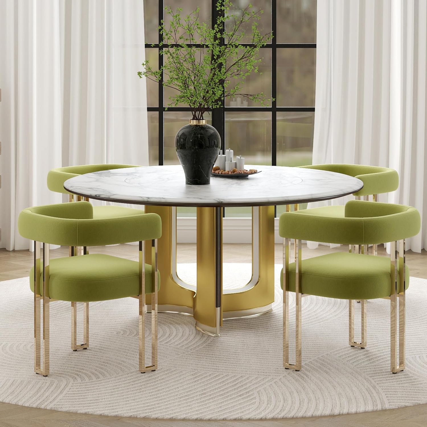 Hyfirm Green and Gold Modern Dining Chairs Set of 4, Velvet Upholstered Barrel Armchairs with Metal Legs for Kitchen Island, Mid Century Accent Chairs for Dining Room Living Room, Open-Back