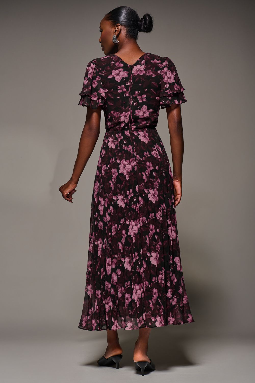 Jolie Moi Chiffon Ruffle Sleeve Pleated Maxi Dress