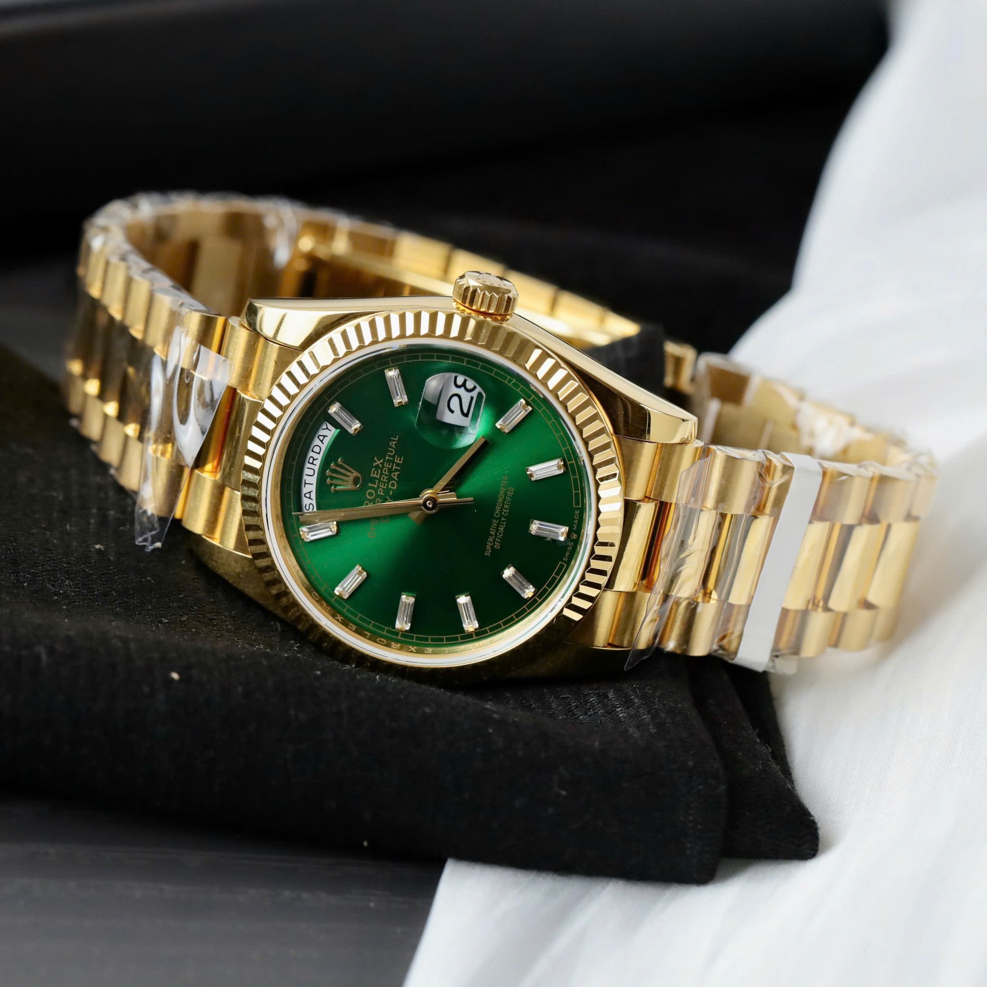 Rolex Day-Date YG Plated Green Dial CZ Diamonds 36mm Super Clone