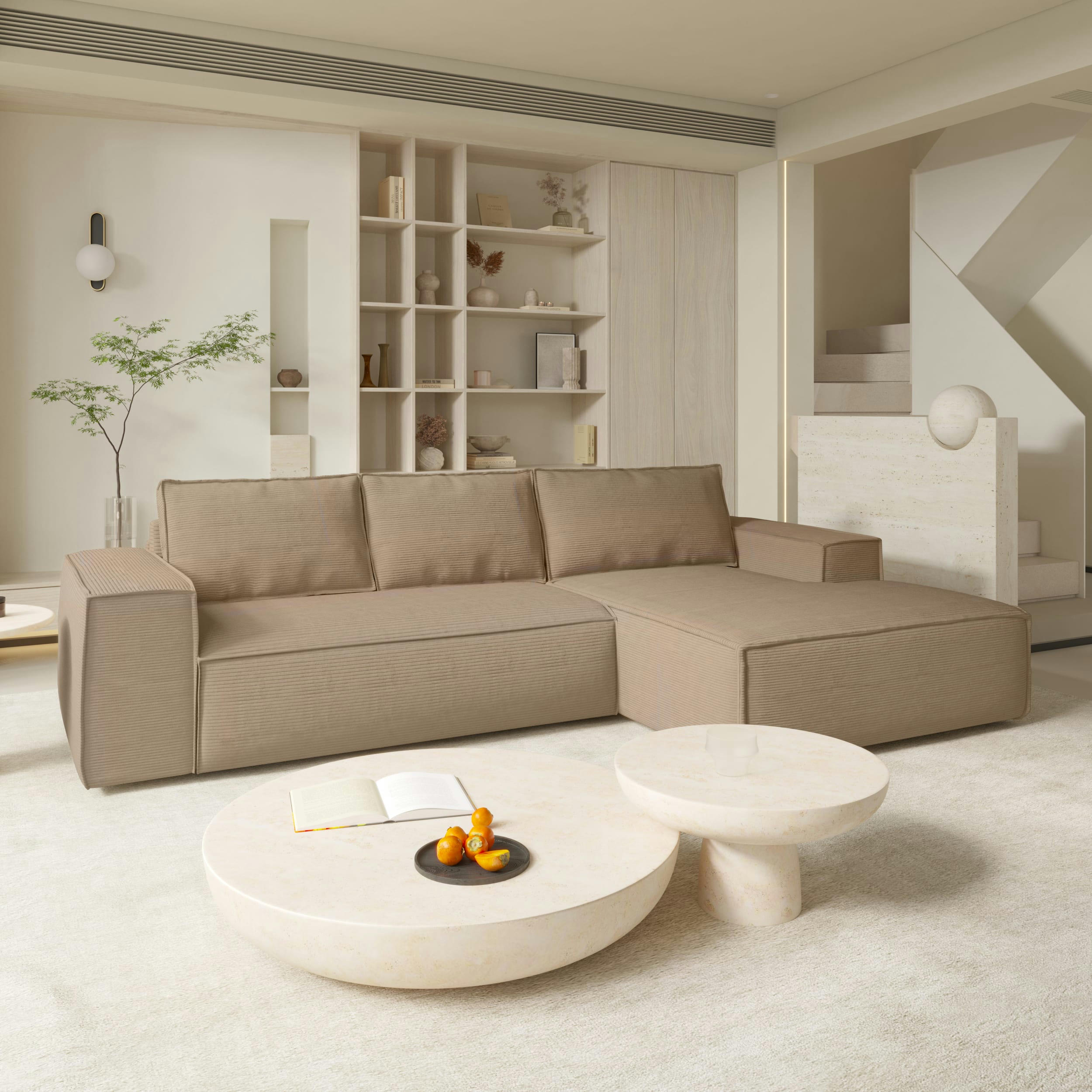 JOAN - Canapé convertible angle droit dunlopillo velours côtelé taupe 140cm