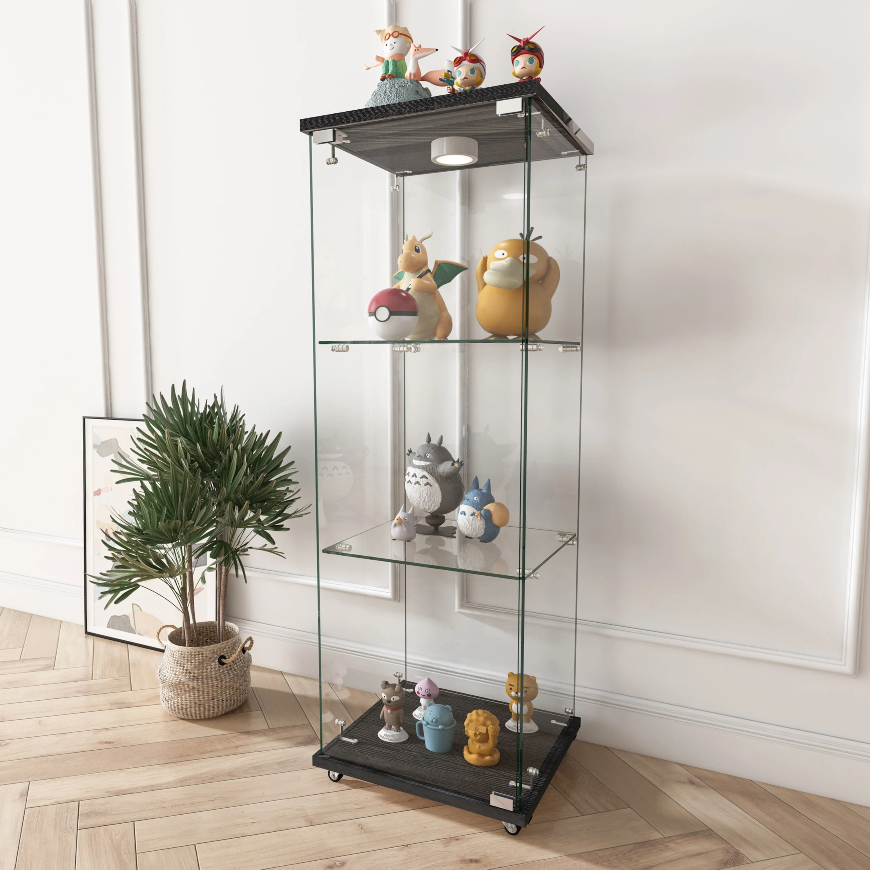 Modern Glass Display Cabinet with LED lights, Quick-assembly Antique Cabinet, Tempered Glass Bookshelf