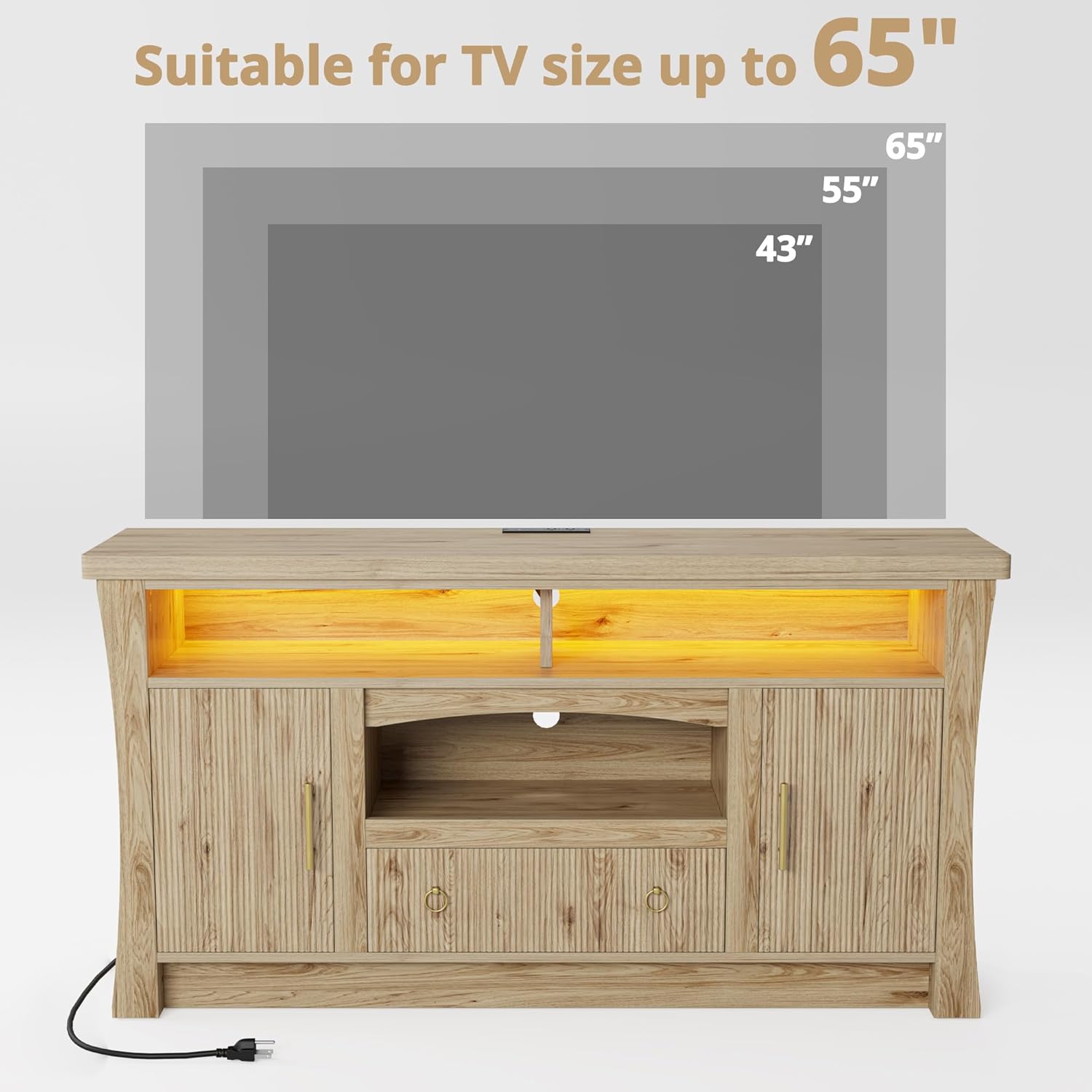LIKIMIO TV Stand for TVs 65 inch, Entertainment Center with Power Outlet and Led Lights, TV Console with Storage Cabinets and Drawer, Farmhouse TV Stands for Living Room