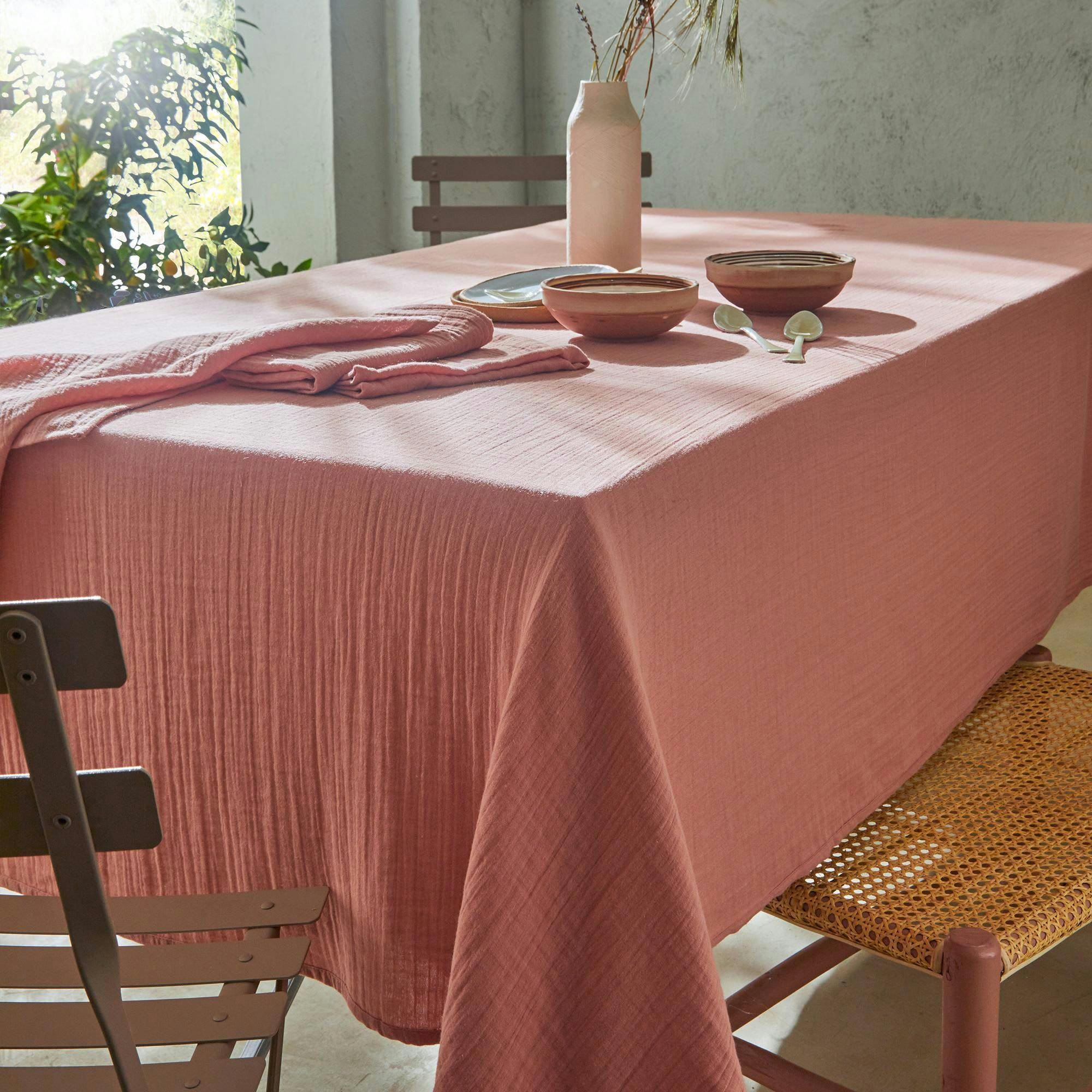OLIVIANAP - Nappe 130x250 rose en coton