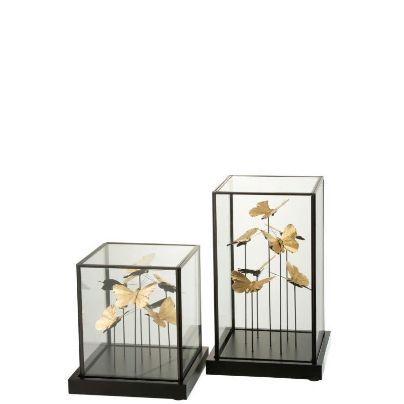 PAPILLONS - Cloche carrée papillons or verre/métal noir H31,5cm
