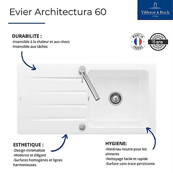 Evier céramique Villeroy &Boch ARCHITECTURA noir mat 1 grand bac 1 égouttoir