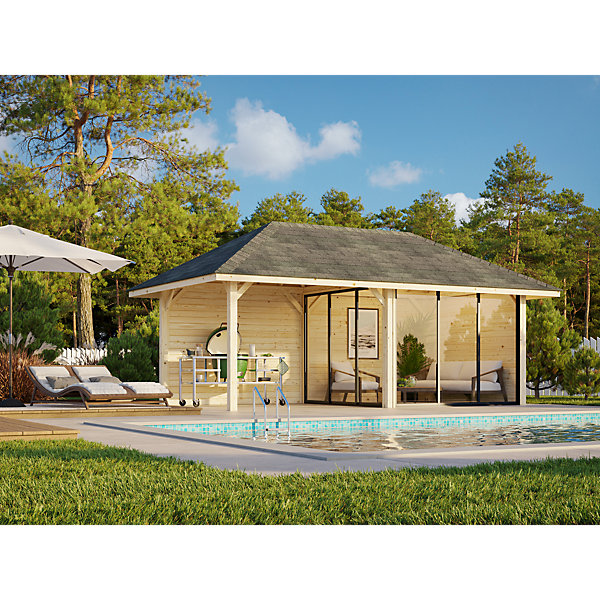 Abri de jardin Palmako Bianca en bois naturel ép.28 mm et pergola 12,9m² 31,5m²