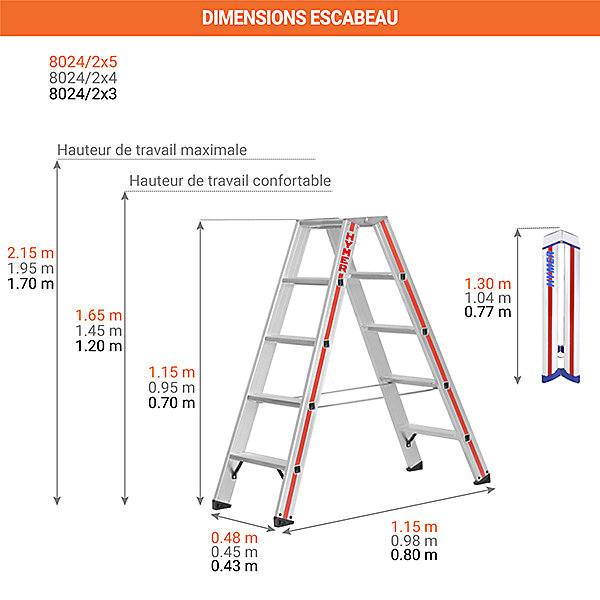 Escabeau double 2x4 marches - Hauteur max. de travail 2,45m - 8024/2X4