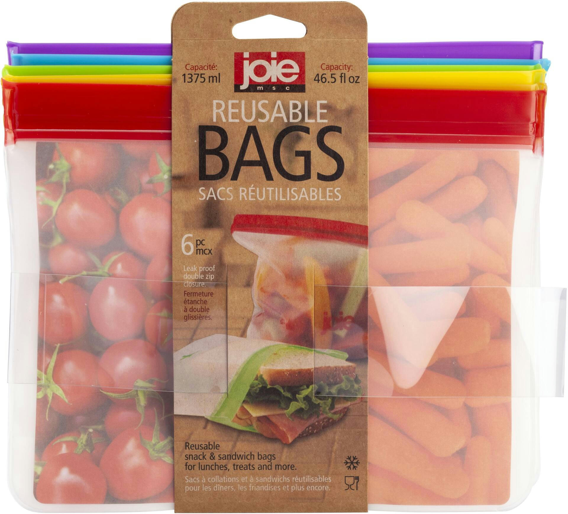 Joie Reusable Plastic Snack Storage Bags with Airtight Seal, 6-pk