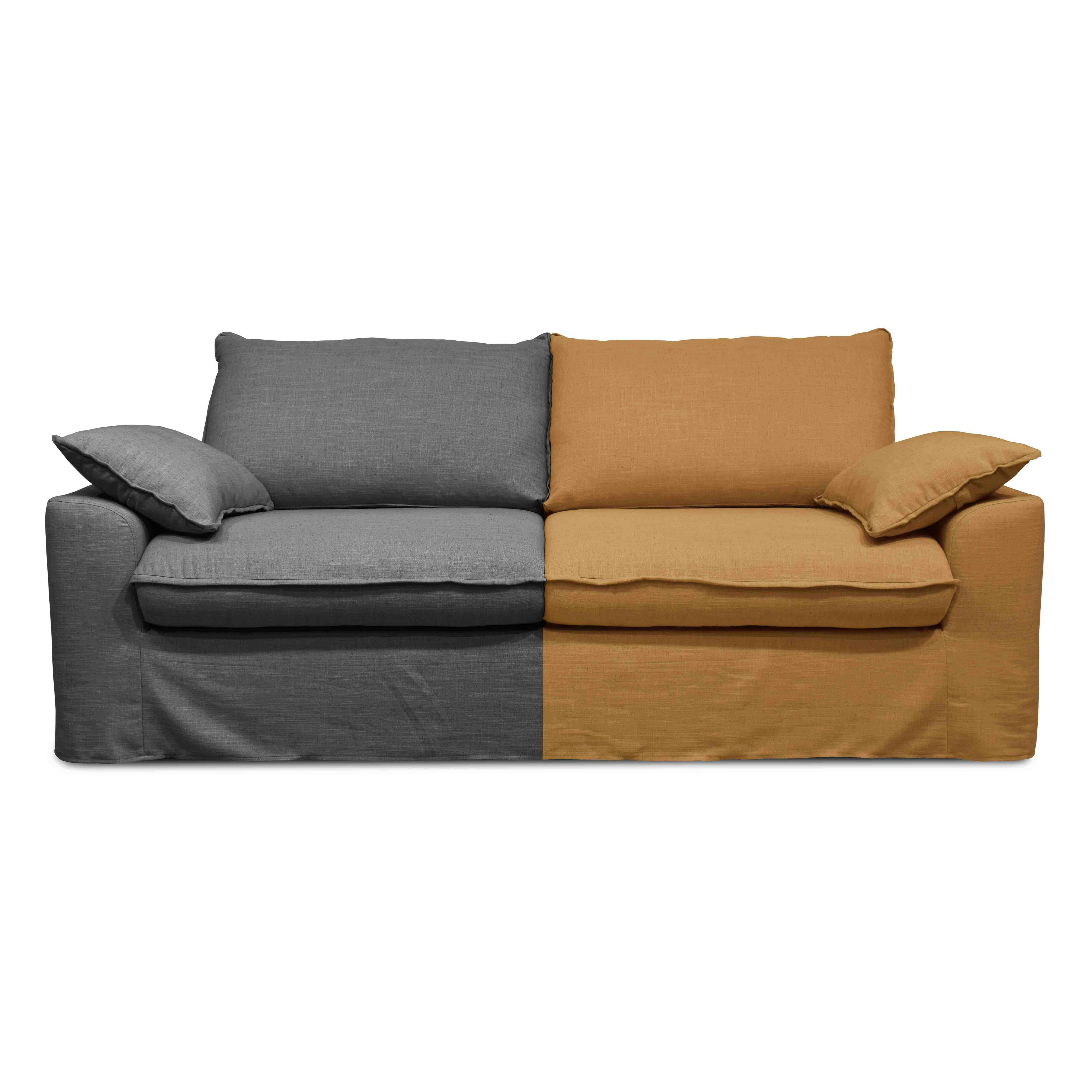 JAROD - Canapé tissu lin anthracite avec une housse supplémentaire lin ocre