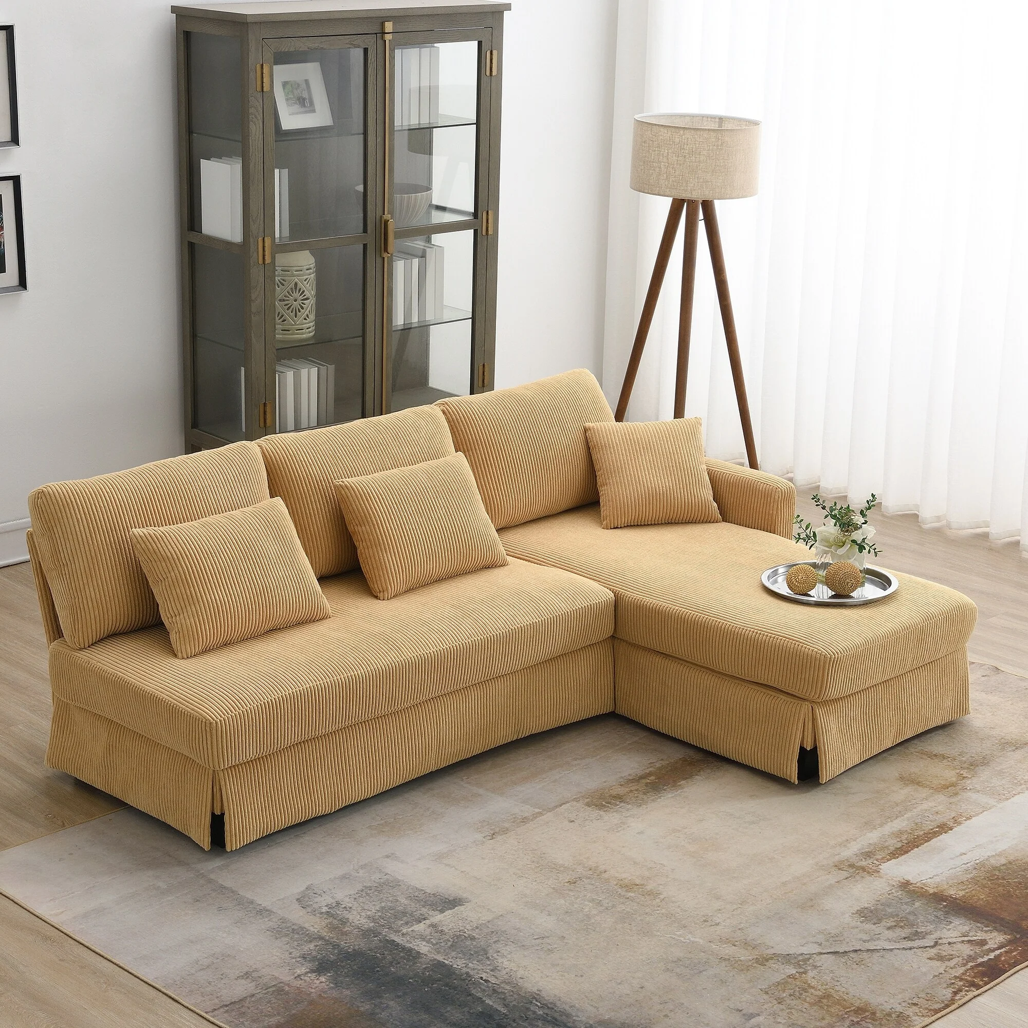 87'' Upholstered L-Shaped 3 Seater Sofa Couch with Reversible Chaise and 3 Pillows, Space-Saving Convertible Sleeper