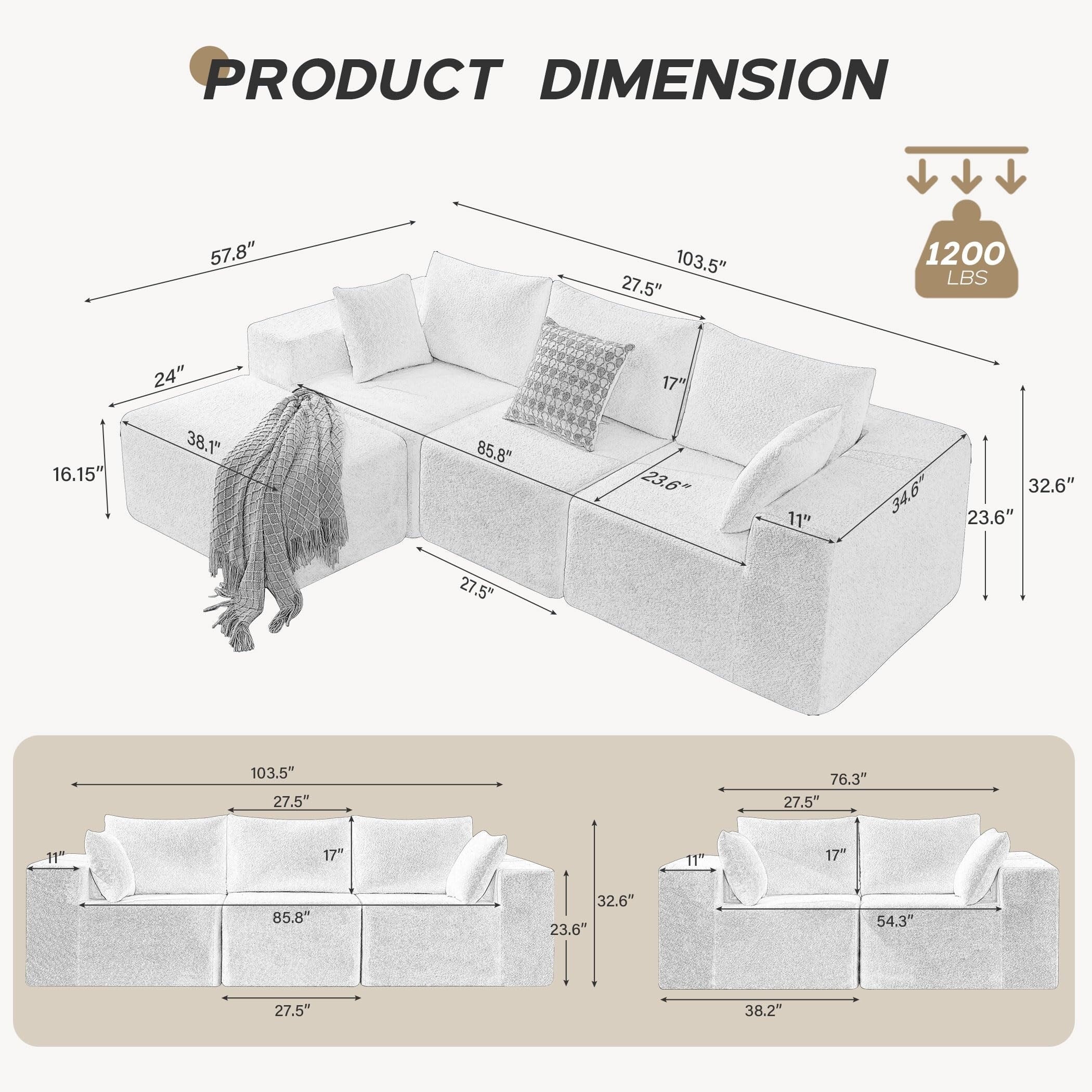 Modern Modular Sofa with Curly Plush Upholstery and Deep Cushions for Living Room or Guest Room, No Assembly