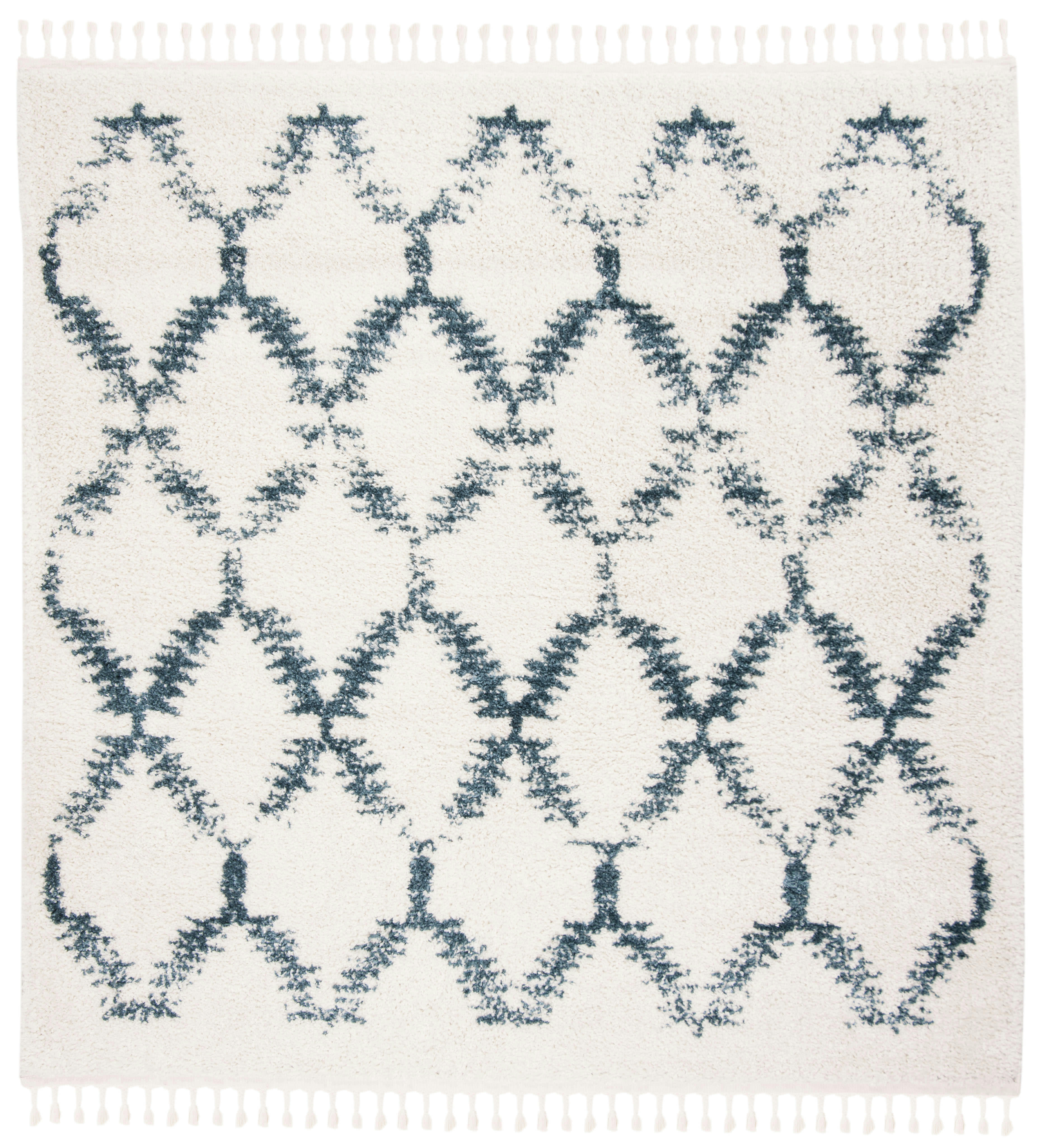 BERBER FRINGE SHAG - Tapis de salon interieur en crème & bleu, 201 x 201 cm