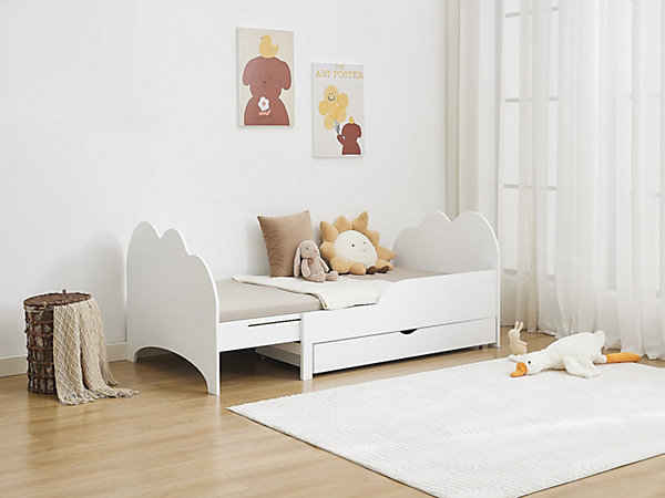 Lit évolutif 90 x 140/170/200 cm avec tiroir - Pin et MDF - Blanc   Matelas - TEONIA