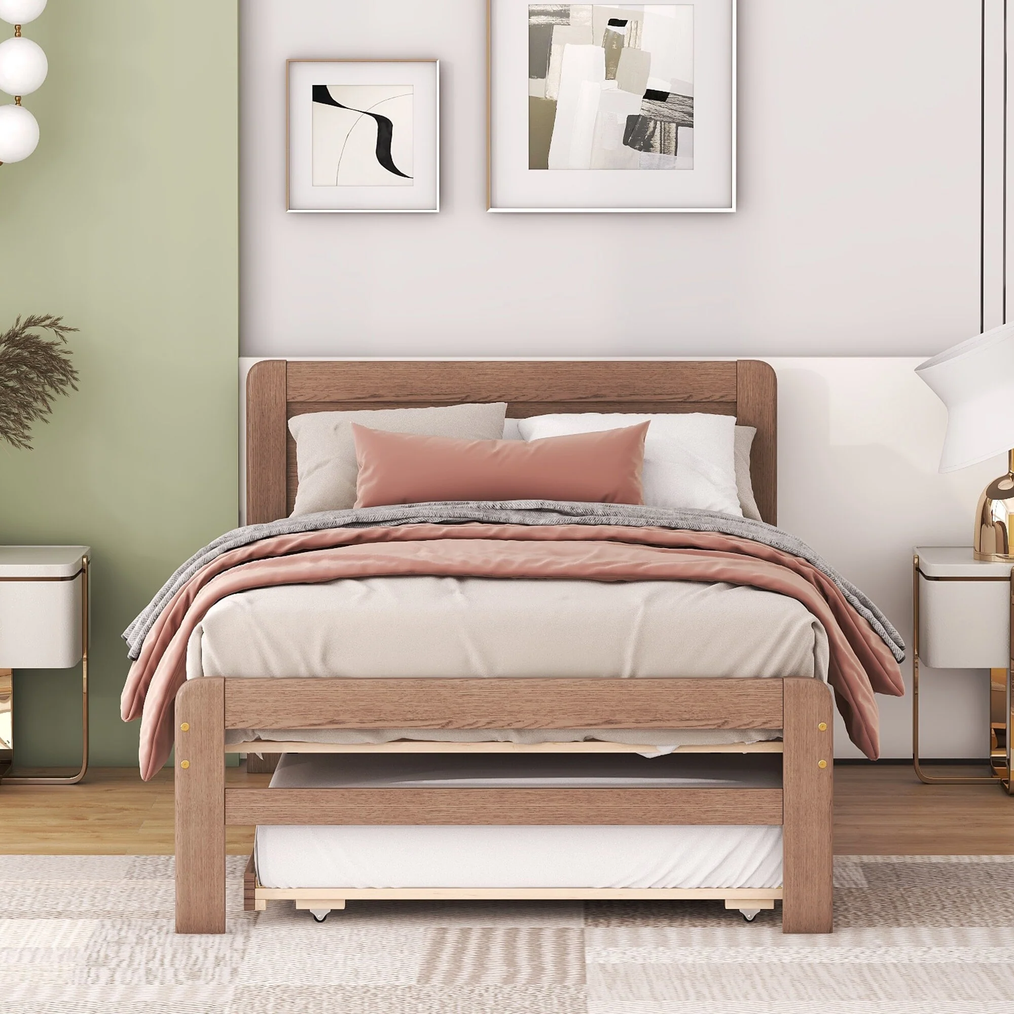 Modern Twin Size Platform Bed Frame with Trundle and Headboard