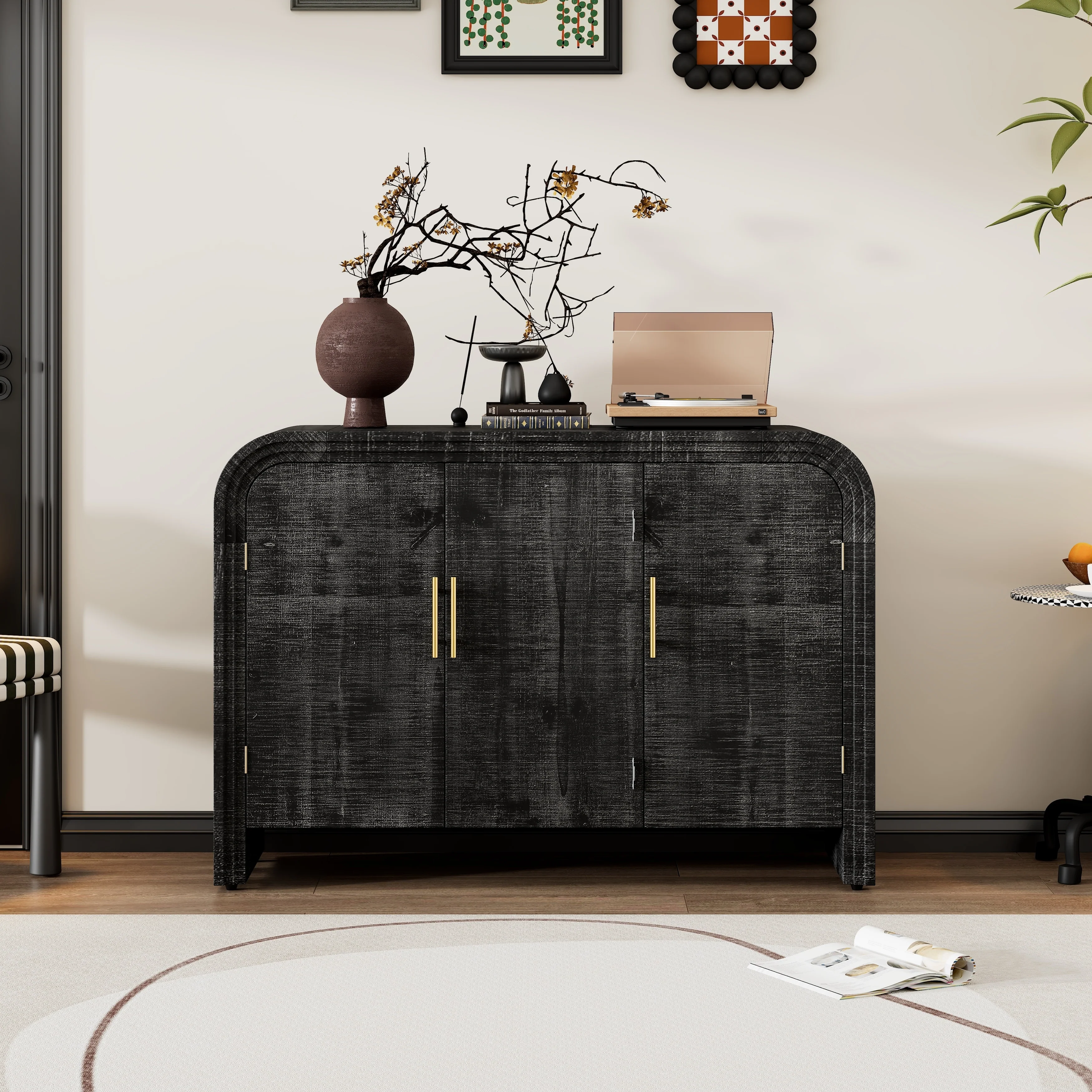 Minimalist Curved Sideboard with Gold Handles and Adjustable Dividers for Living Room or Dining Room