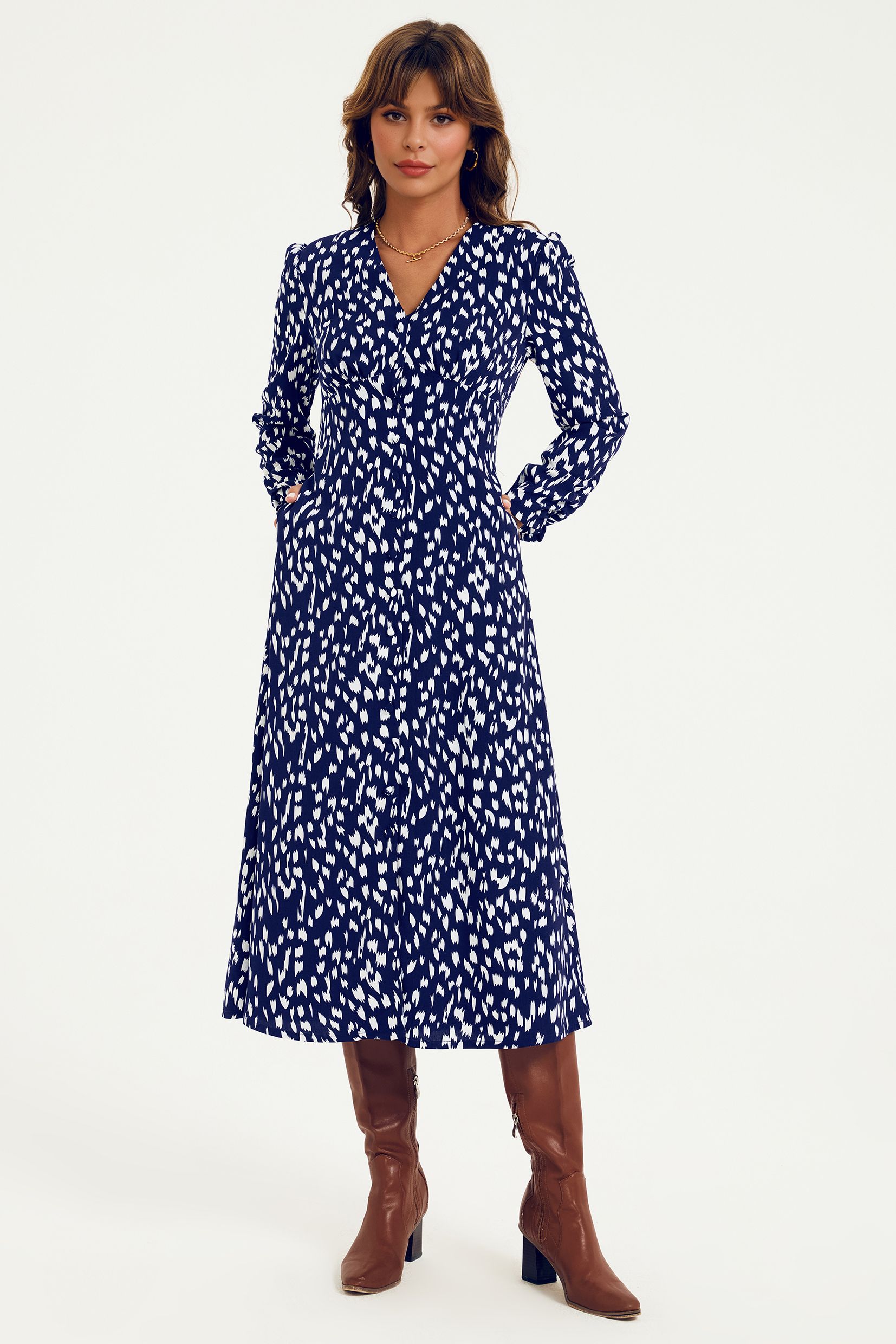 FS Collection Brushstroke Print Long Sleeve Button Front Midi Dress In Navy