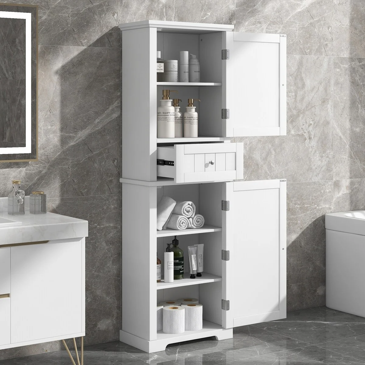 Tall Bathroom Storage Cabinet with Drawer and Adjustable Shelf