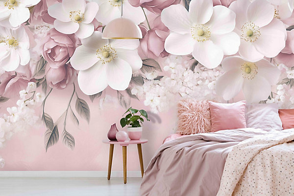 Papier Peint Intissé Panoramique Pour Chambre Cuisine Fleurs Rose Béton 350x250