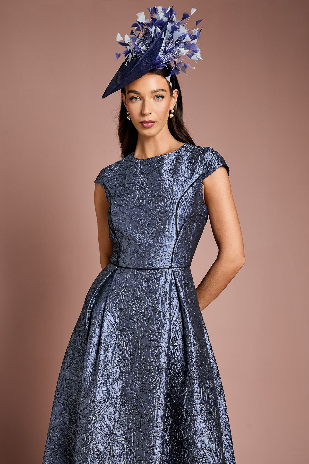 Coast Lisa Tan Cap Sleeve Jacquard Full Skirted Midi Dress