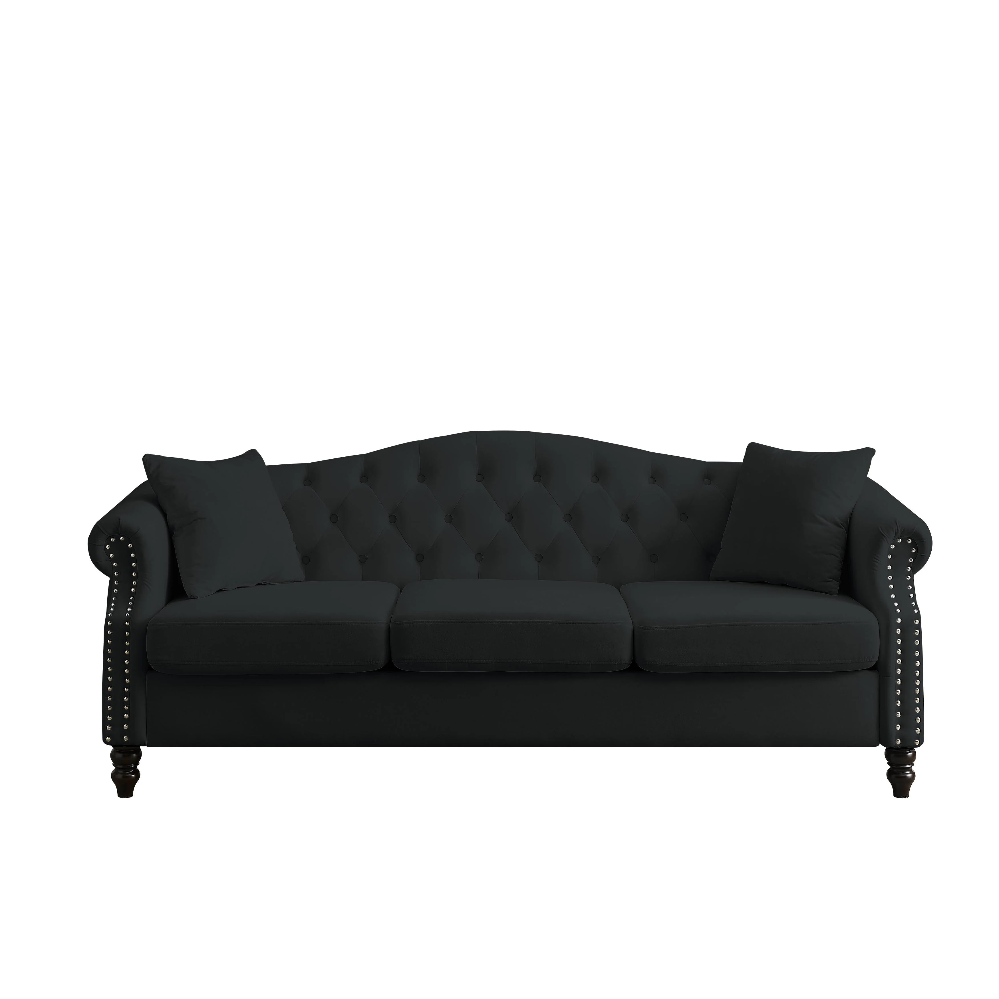[Video] 79 Chesterfield Sofa Black Velvet for Living Room, 3 Seater Sofa Tufted Couch with Rolled Arms and Nailhead for Living