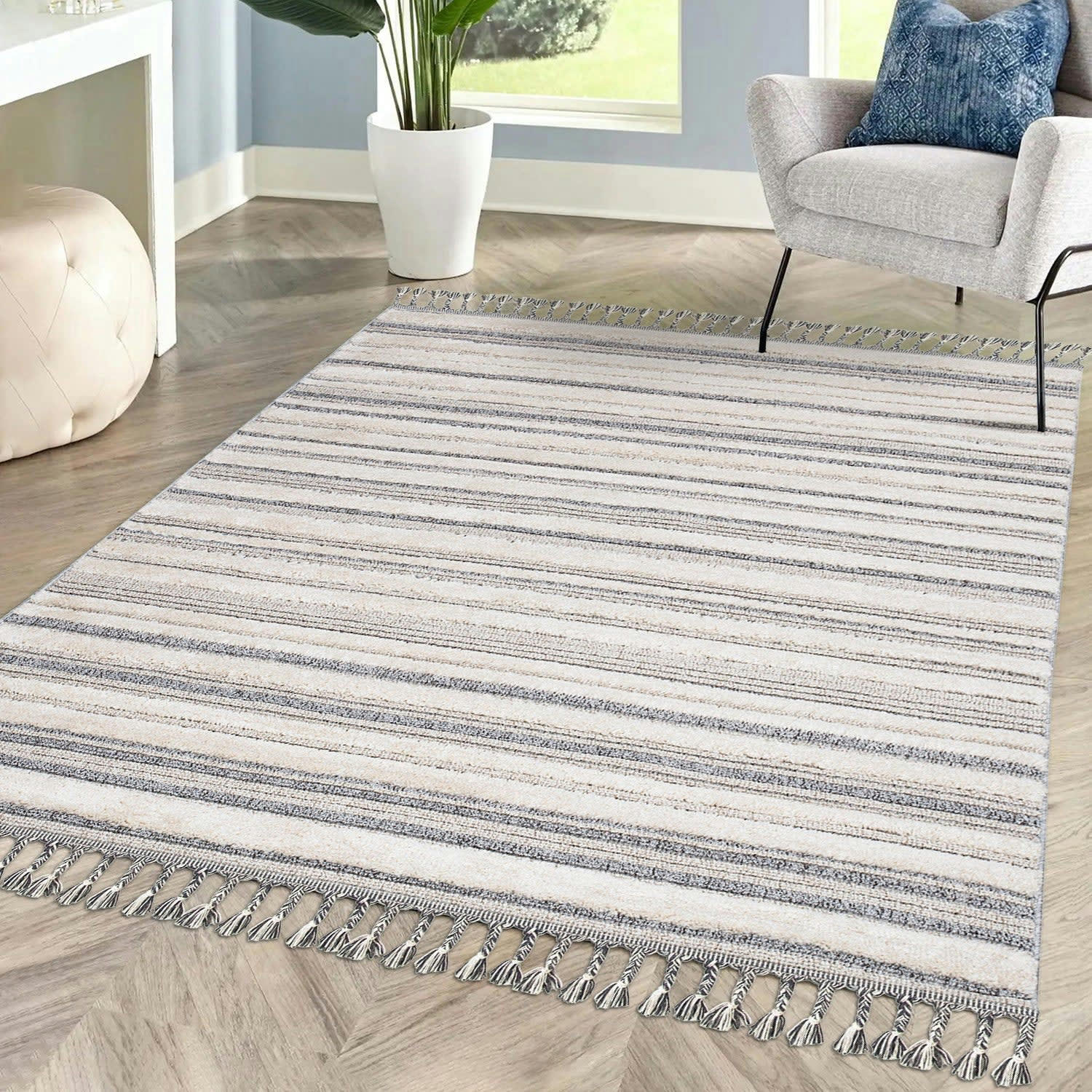 BOHOUSE - Tapis bohème chic à franges tressées crème et gris 80x300cm