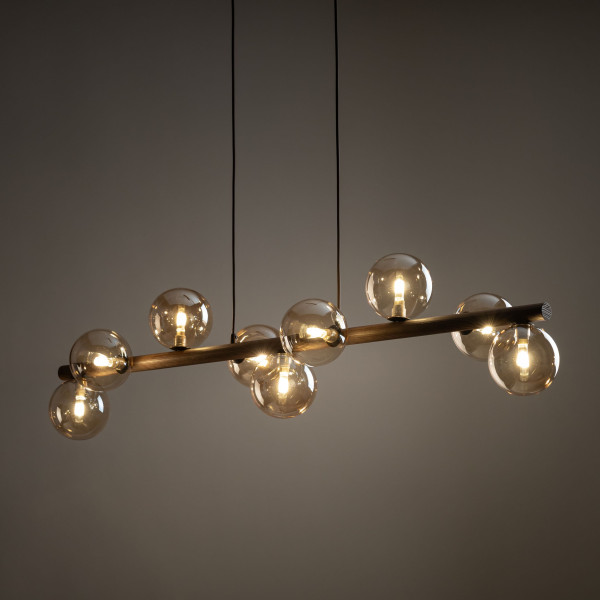 Lampa Wisząca Tk Lighting Estera Drewniana Belka Bursztynowe Klosze Kule