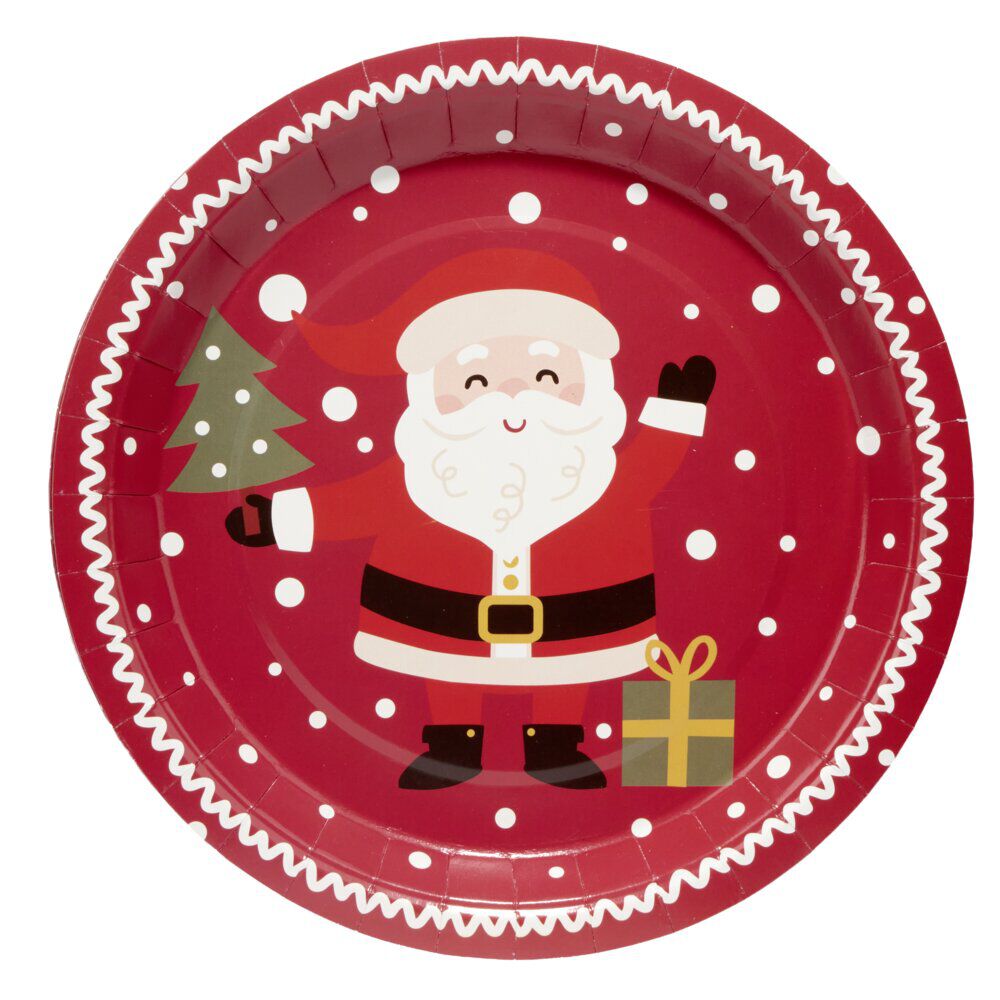 Assiette en carton X8 pcs imprimé Père No&euml;l Ø23XH1,5 cm rouge