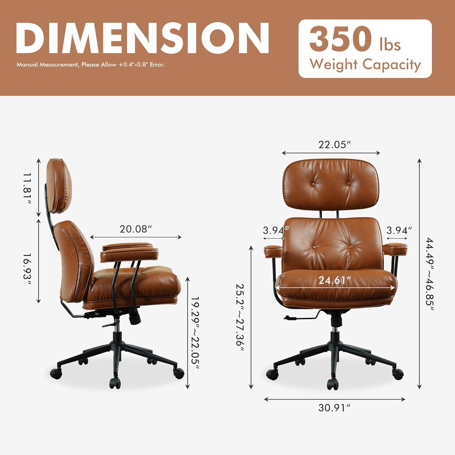 High Back Executive Office Chair with Comfortable Deep Seat,Brown PU Leather Modern Office Chair,Ergonomic Big and Tall Computer Desk Chair with Lumbar Support(Light Brown)